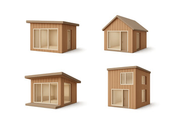 Cozy cabin and modern shed 3d icon set: minimalist designs for digital projects
