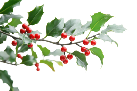 High quality image of holly leaves and red berries clearly isolated on a clean white background