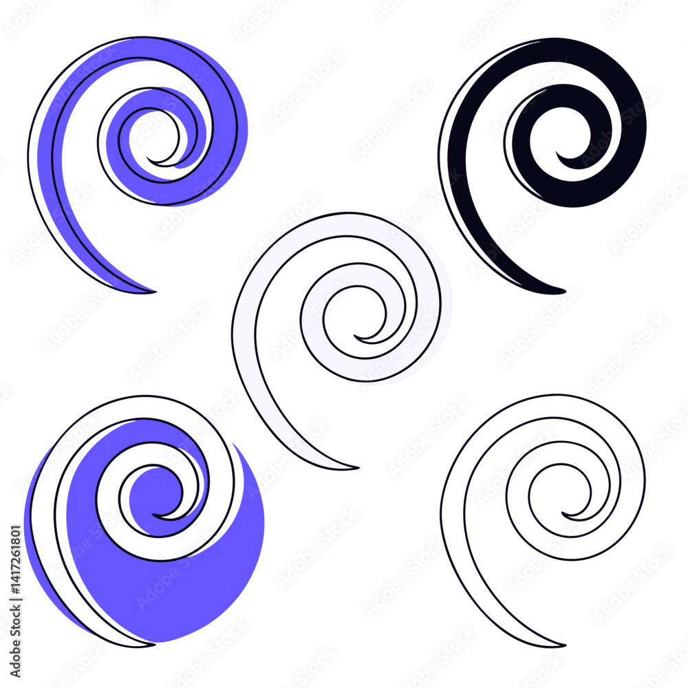 Poster stylized spiral designs in various colors and outlines create dynamic visual effect, showcasing crea