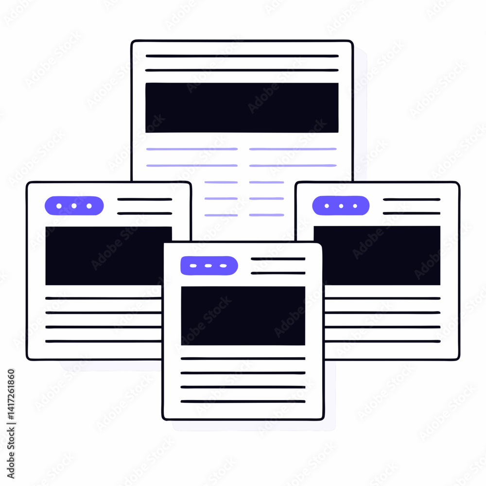 Aufkleber collection of abstract document layouts with varying designs and text areas, showcasing modern digit