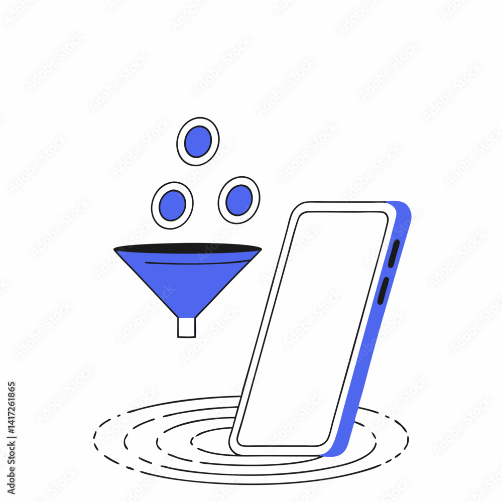 Poster digital filter icon with smartphone and circular ripples, representing data processing and organizat