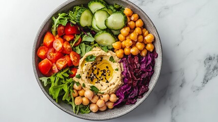 Delicious Hummus Bowl with Chickpeas, Vegetables, and Salad