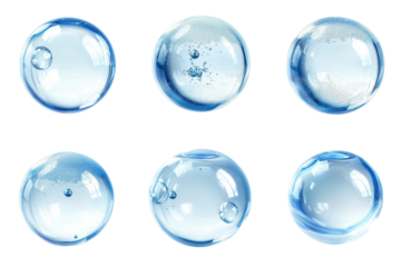 Collection of transparent soap bubbles with soft reflections gently floating on a clean white background