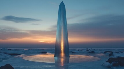 A futuristic obelisk stands sentinel on frozen shores.