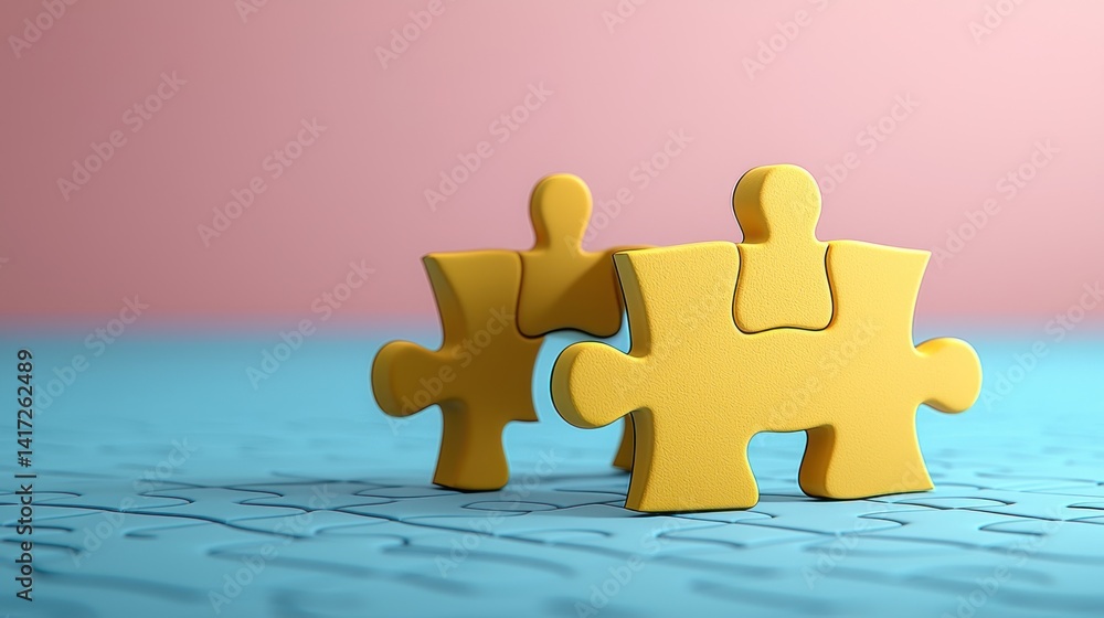 Poster connecting the pieces: a 3d render of two yellow puzzle pieces interlocking on a light blue backgrou