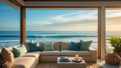Fototapeta premium This image depicts a serene and inviting living space with a stunning ocean view. 