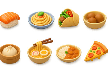 3d asian cuisine icons set featuring sushi, noodles, dumplings, and more