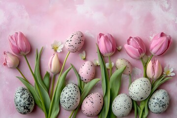 A picturesque composition showcases a charming Easter scene, featuring delicate tulips and speckled eggs artfully arranged on a subtle, inviting watercolor backdrop.
