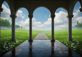 Wooden Path Through Flower Field to Horizon Under Archway
