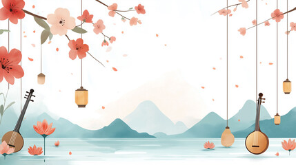 Serene Asian Landscape with Musical Instruments.