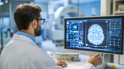 Medical professional analyzing tumor scan on monitor with scanner in the background for cancer research healthcare diagnostics and innovative medical technology