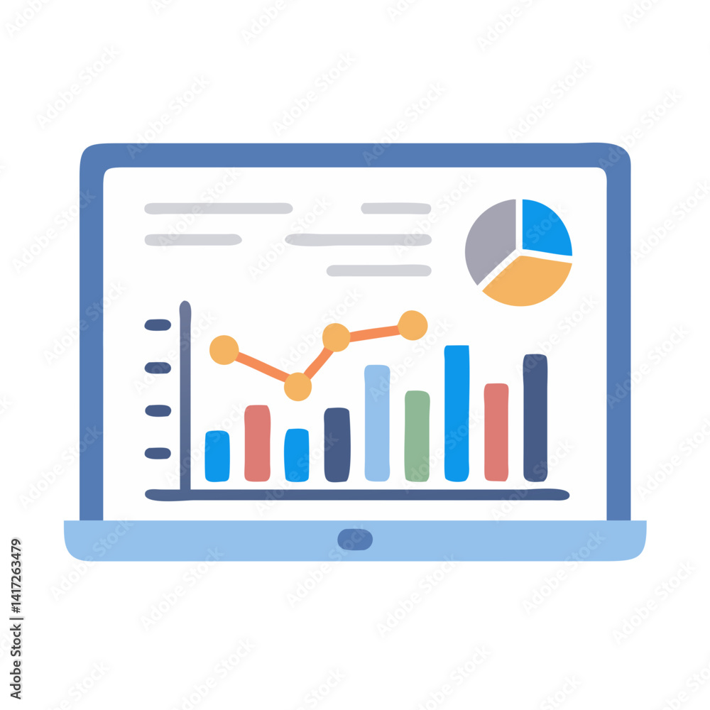 Poster laptop showing business data with graph and pie chart