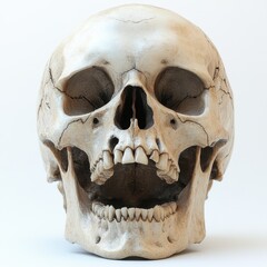 Obraz premium A human skull with an open jaw, showing teeth, against a white background.