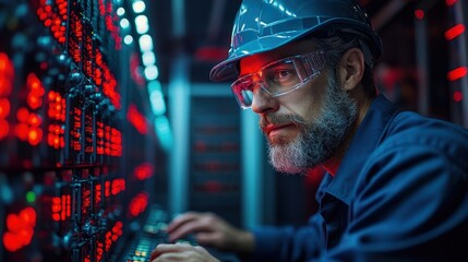 Technician in safety gear operates advanced control panel with illuminated indicators in data center