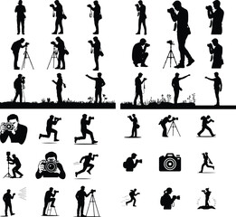 Professional Photographer Silhouette Set | Camera & Tripod Vector Silhouettes of Photographers in Action | Photography Vector Bundle

