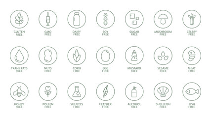 Allergen free food icon set. Gluten, dairy, soy, nut, and sugar free symbols. Clean line style for labels or packaging. Non gmo. Ecology badges. Vector illustration