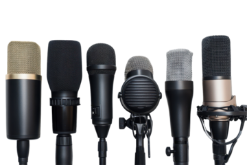 Collection of professional microphones with modern design and detailed features shown on a white background