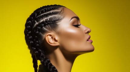 Beautiful woman with braided hair, side view, yellow background, beauty concept, copy space.