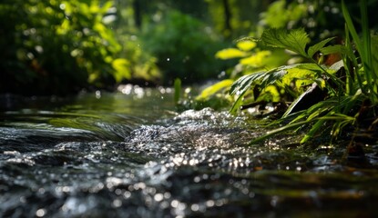 Fototapeta premium Sunlight Dapples Sparkling Creek Water Flowing Through Lush Green Foliage; Nature's Serenity in Vibrant Greens