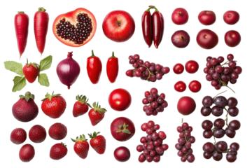 Group of red fruits and vegetables showing natural texture and color on a pure white background