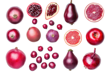 Healthy red fruits and vegetables from nature carefully arranged on a crisp clean white background