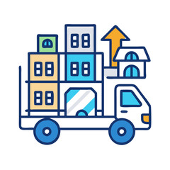 Cartoon moving truck full of houses and an arrow