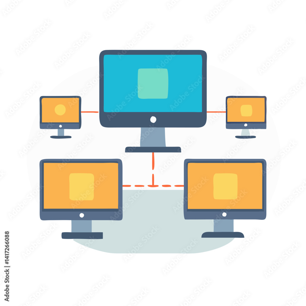 Poster computer network illustration, five computers connected, global network concept