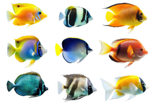 A vivid collection of ocean fish showcasing tropical beauty on a crisp pure white background