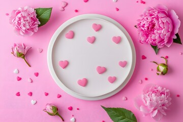 A captivating and romantic scene, beautifully designed with floral arrangement and heart-shaped candies. Pink floral accents with decorative heart and round plate. A visual story of love and beauty.