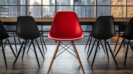 Red chair stands out among black chairs in a modern office space overlooking a city