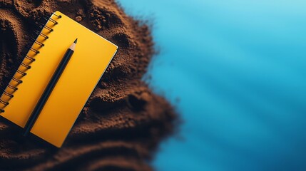 A yellow notepad with pencil rests on a textured dark surface against a blue gradient background