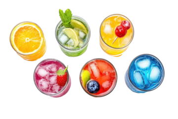 Bubbly soda drinks in a rainbow of colors viewed overhead on a fresh white background