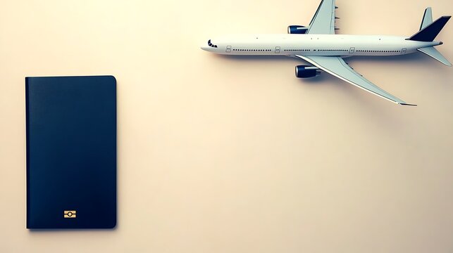 Airplane model near a dark passport set on a creamy, neutral background creates a sense of travel