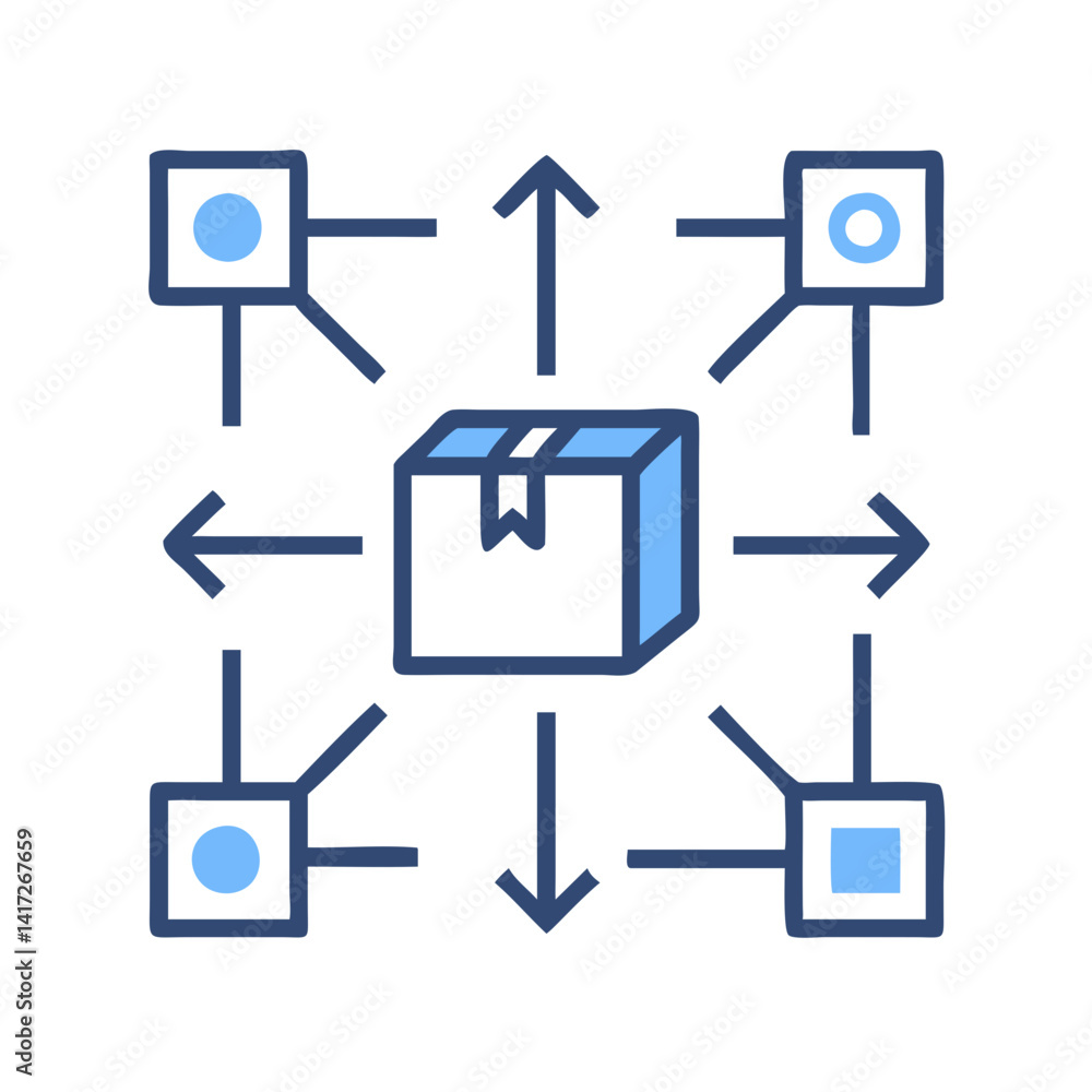 Poster distributed network with package delivery, modern icon concept