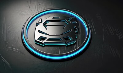 Neon-outlined car emblem on dark background, glowing effect