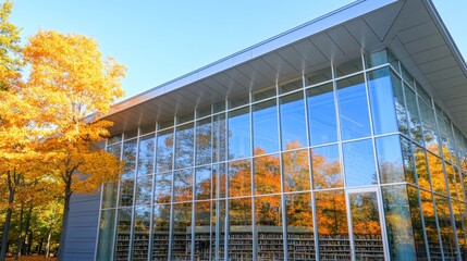 Contemporary library facade with expansive glass windows reflecting autumn foliage architecture showcasing nature and learning offering tranquil study space with educational resources