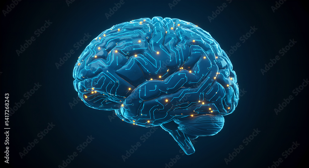 Poster scientific 3d rendering of a human brain with circuit board pattern. abstract view of ai or machine 
