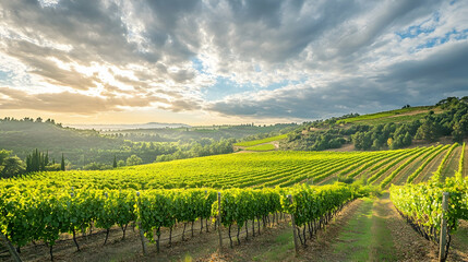 Obraz premium Picturesque Vineyard Landscape Under a Dramatic Sky at Golden Hour in Tuscany