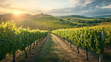 Naklejka premium Picturesque vineyard landscape at sunset in the countryside of Tuscany