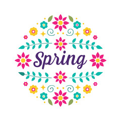 Cheerful 'Spring' typography colorful-floral-illustration. 