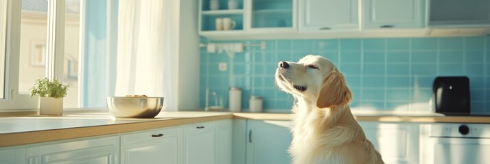 Golden retriever enjoys food in a bright kitchen pet food advertisement copy space on the left provides room for text and design ideal for marketing campaigns