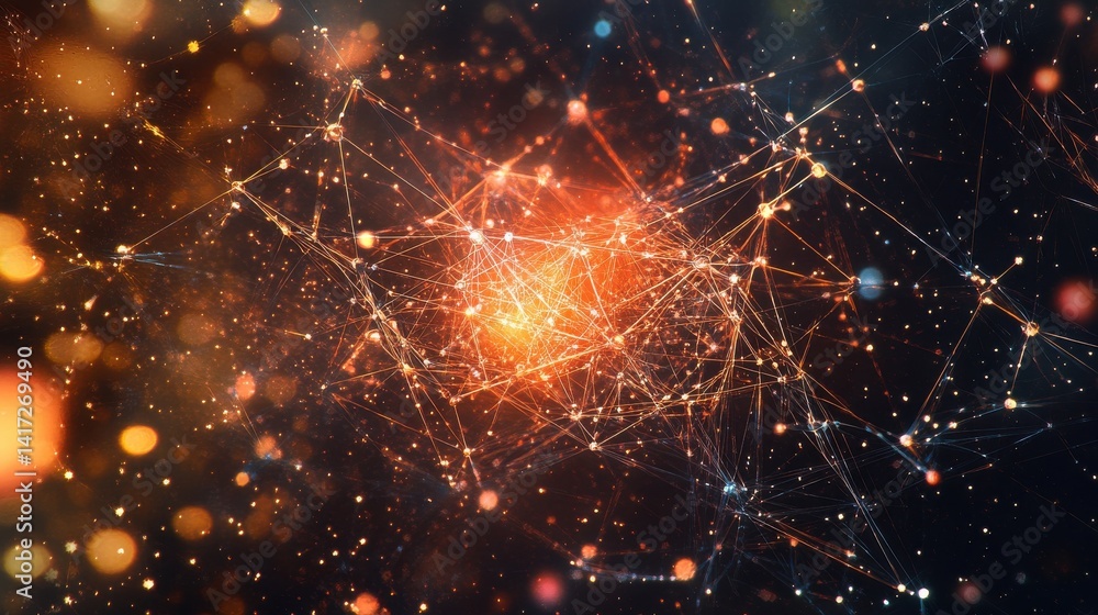 Poster macro shot captures molecular structure with atom connections against abstract backdrop. ai generate
