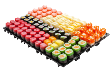 This vibrant sushi display set brings together bold colors fresh seafood and perfect rice rolls