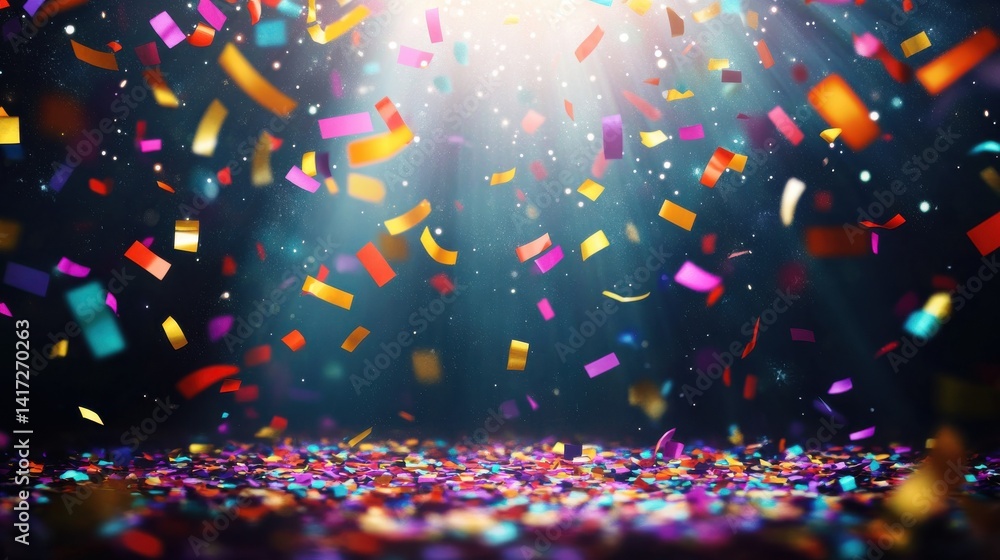 Poster colorful confetti falling randomly. abstract dark background with explosion particles. vector illust
