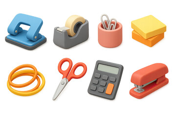Stylish 3d office supply icons set: puncher, tape dispenser, clips, notes, rings, scissors, calculator, stapler