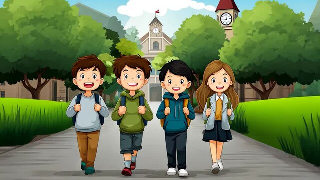 Happy kids walk to school on a sunny day. Cute cartoon style art