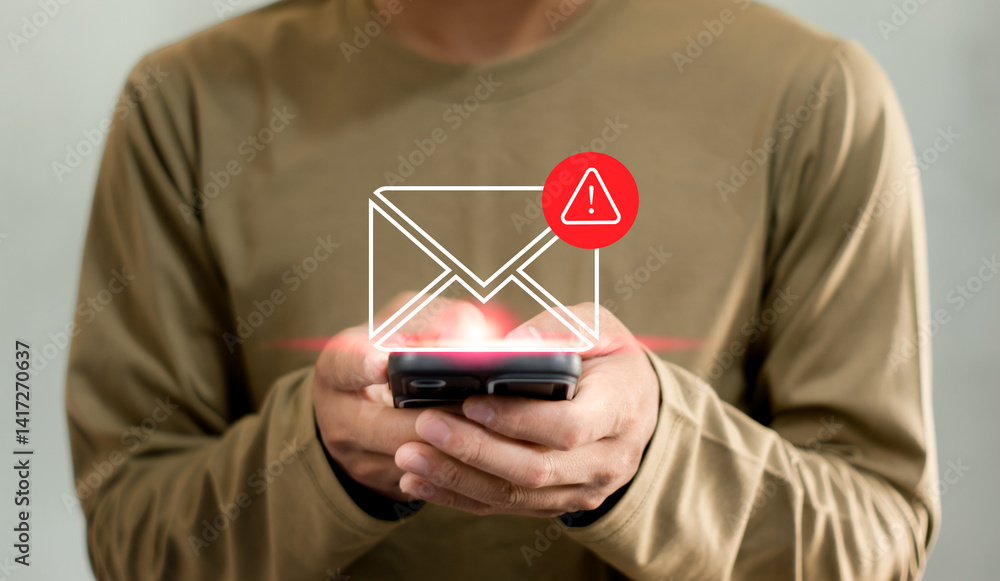 Poster sms spam, fake text message phishing from scammer concept. system hacked red warning alert, email ha