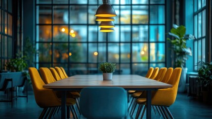 Minimalist meeting table with soft lighting, symbolizing focus and professionalism in a modern workspace.