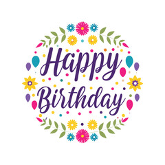Obraz premium Colorful- 'Happy birthday' typography festive flora. 