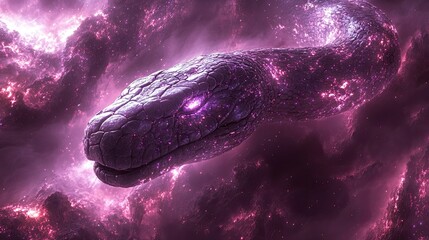 A majestic cosmic serpent gliding through a vibrant nebula filled with swirling colors and celestial formations